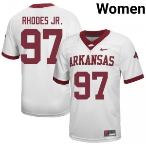 Quincy Rhodes Jr. #97 White Women's Football Player Jersey | Official Razorbacks Team Apparel 72186485