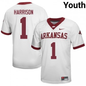 Arkansas Razorbacks Christian Harrison #1 White Jersey | Youth Football Premium Stitch Edition 30312536